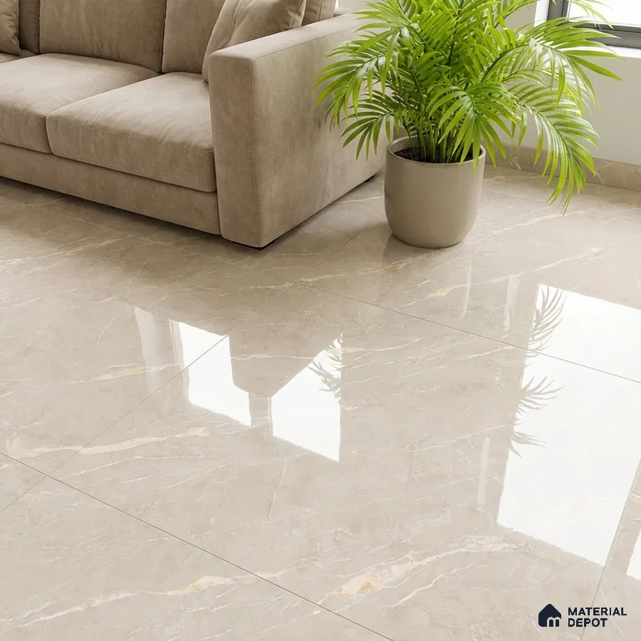 Modern living room with beige marble-look glossy floor tiles and suede upholstered sofa