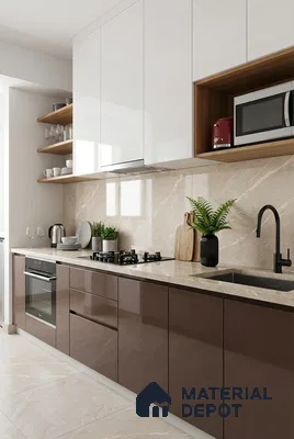 Modern kitchen with glossy brown laminate, frosty white laminate, and beige marble backsplash