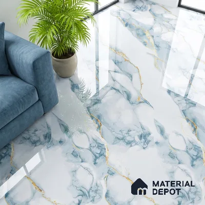 Modern living room with blue and gold vein marble-look glossy floor tiles