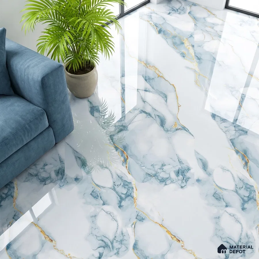 Modern living room with blue and gold vein marble-look glossy floor tiles