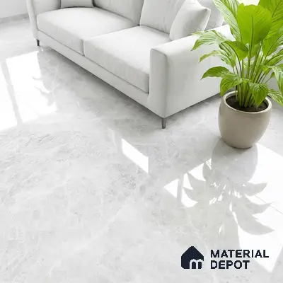 Minimalist living room with glossy white marble floor tiles and light grey fabric sofa