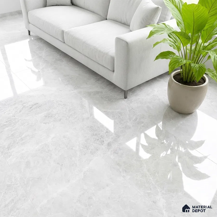 Minimalist living room with glossy white marble floor tiles and light grey fabric sofa