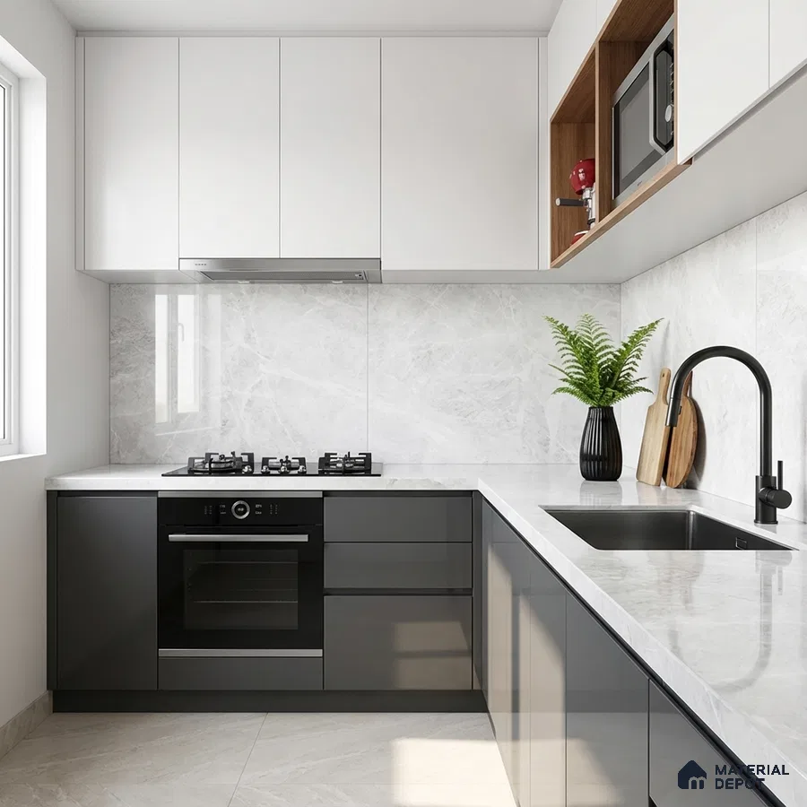 Modern kitchen with white marble-look backsplash, grey high gloss laminate cabinets, and white quartz countertop