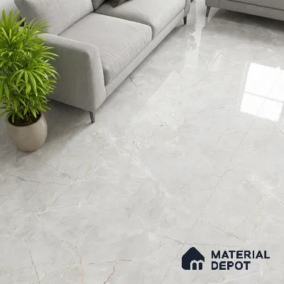Modern living room with glossy light grey marble-look floor tiles
