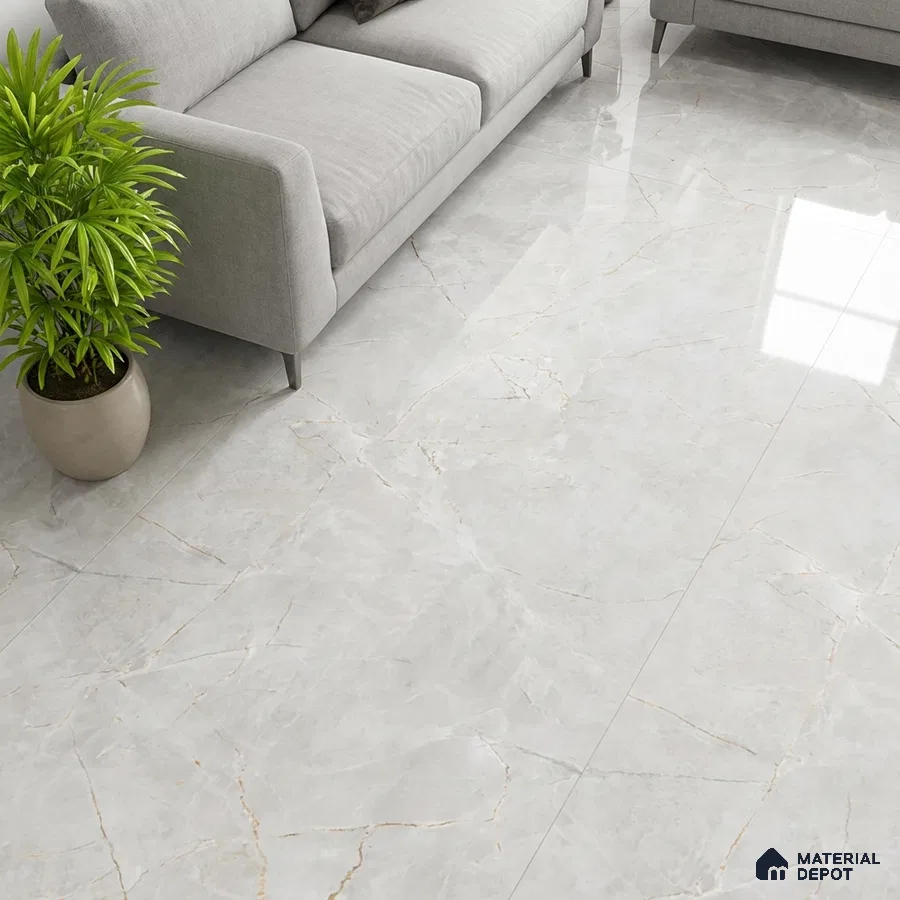 Modern living room with glossy light grey marble-look floor tiles