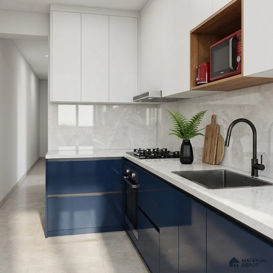 Modern dual tone kitchen with navy blue high gloss laminate, frosty white laminate, and marble-look backsplash