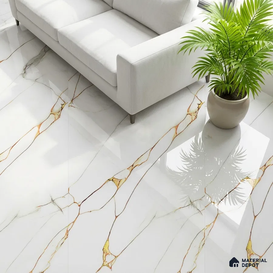 Modern living room with white marble-look floor tiles and gold veins