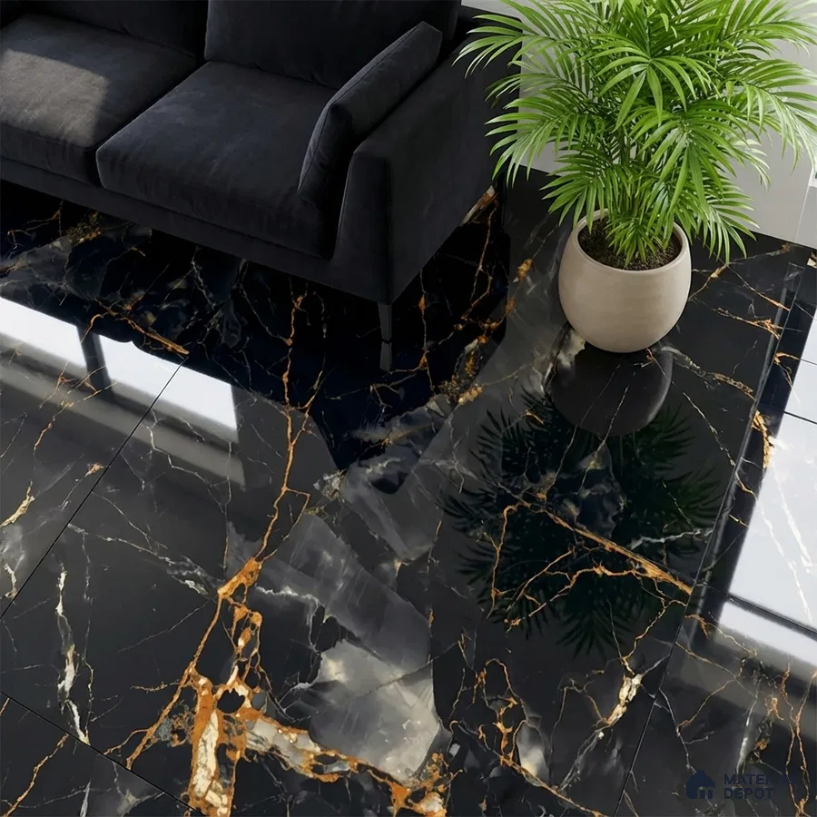 Modern living room with black marble look floor tiles and gold veins