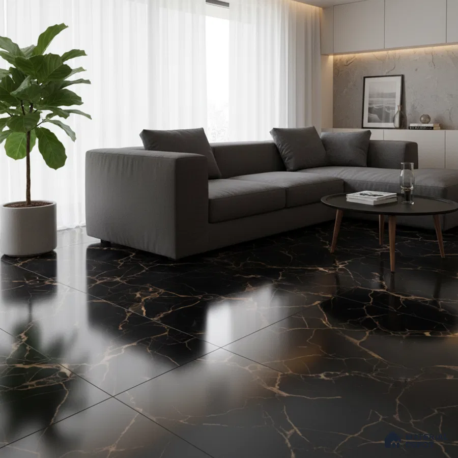 Modern living room with black marble floor tiles and grey sectional sofa