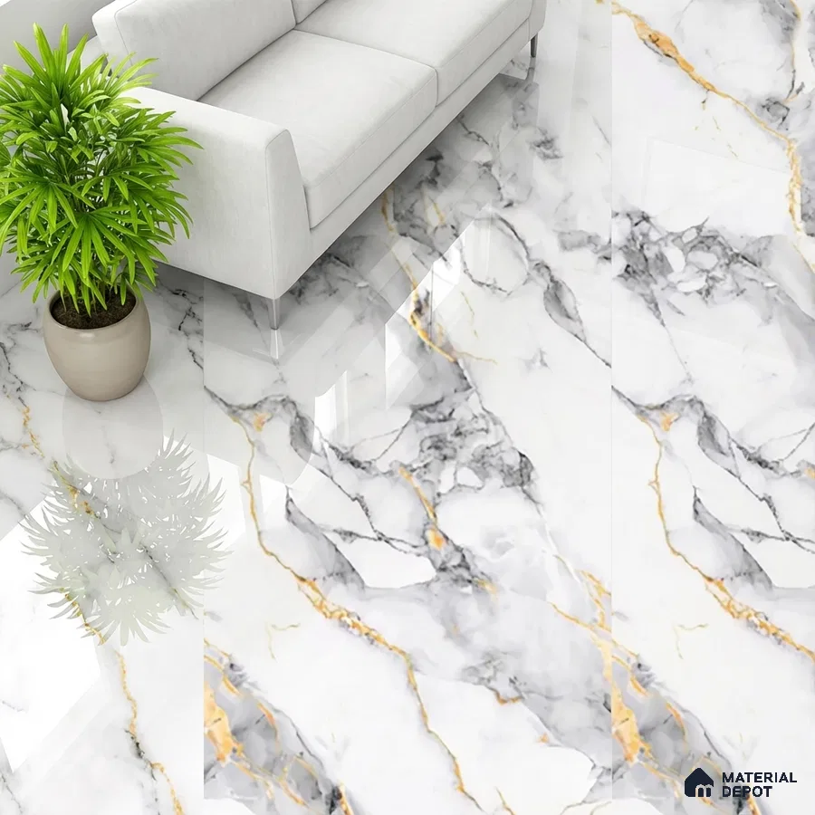 Modern living room with high gloss white marble look floor tiles and grey-gold veining