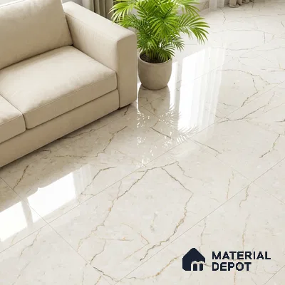 Modern living room with beige sofa and polished cream marble floor tiles