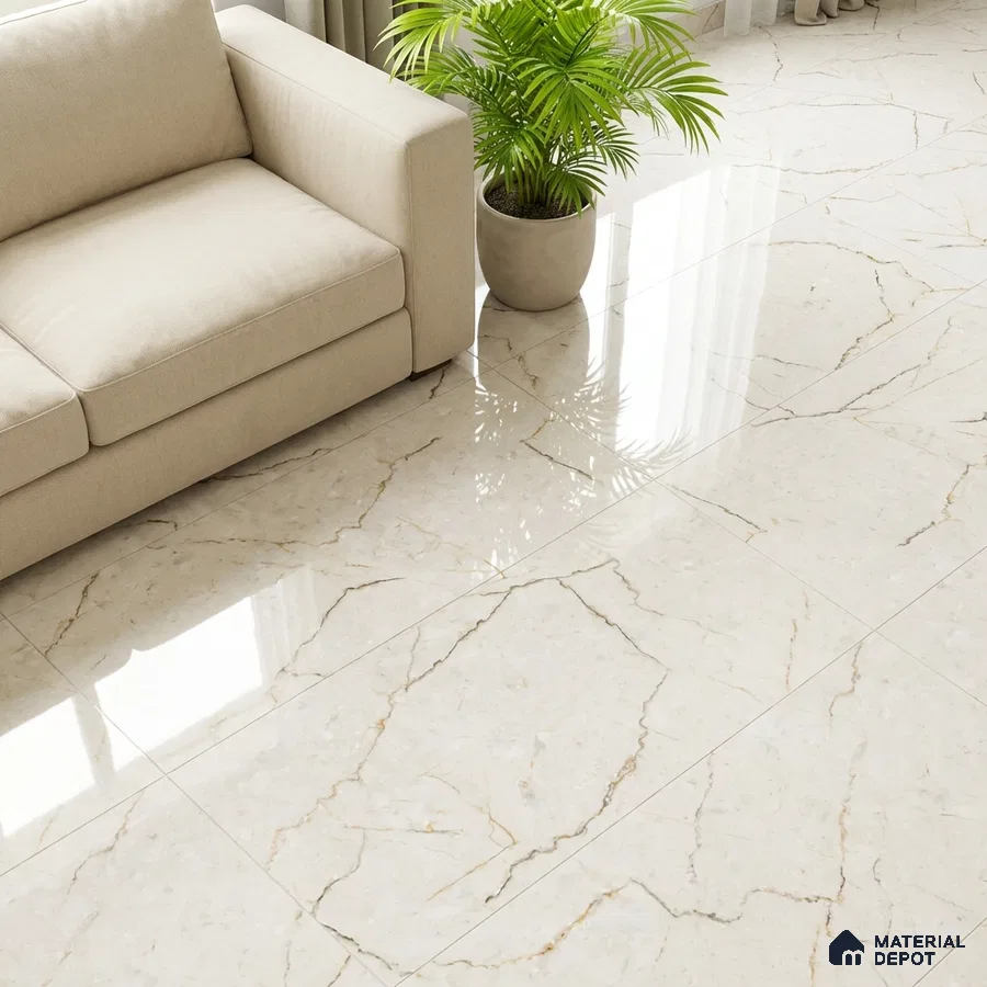 Modern living room with beige sofa and polished cream marble floor tiles
