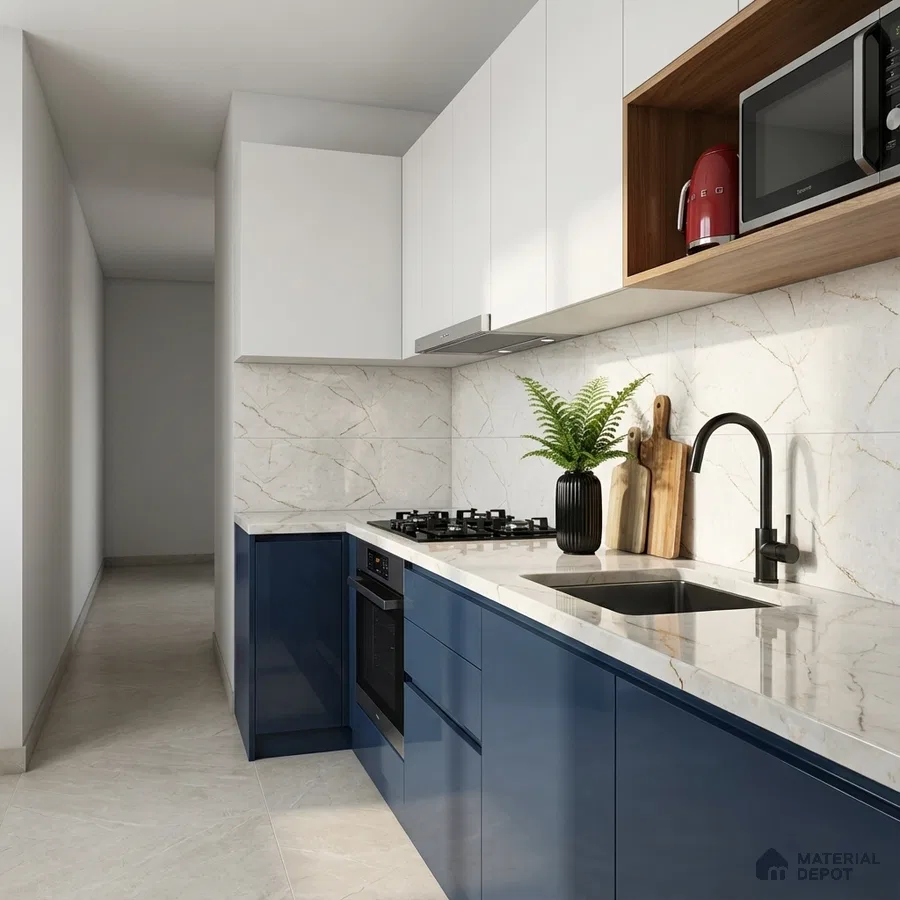 Modern dual tone kitchen with navy blue high gloss laminate, frosty white laminate, and marble-look tile backsplash