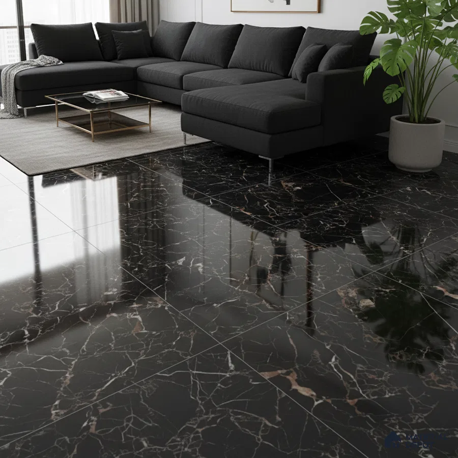 Modern living room with black marble floor tiles and charcoal sectional sofa