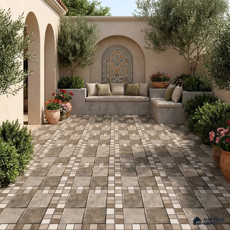 Mediterranean outdoor patio with patterned stone floor tiles and mosaic accent wall