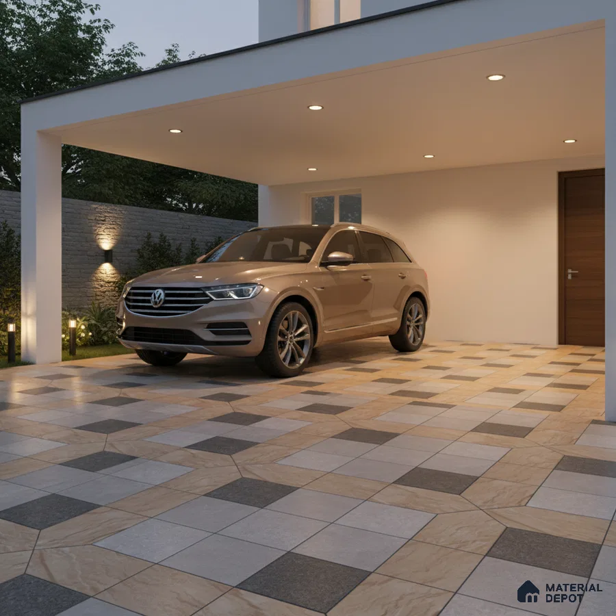 Modern parking with geometric beige and grey outdoor floor tiles