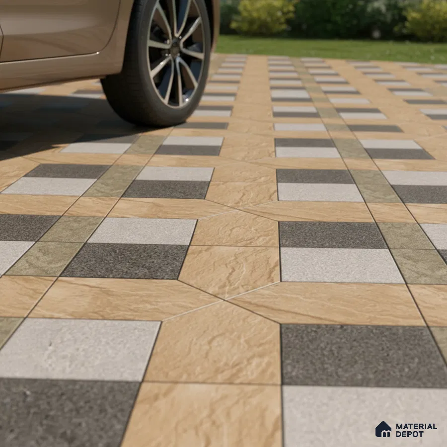 Modern parking area with geometric beige, grey, and black outdoor floor tiles