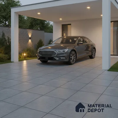 Modern parking with large format grey matte floor tiles and stone cladding boundary wall