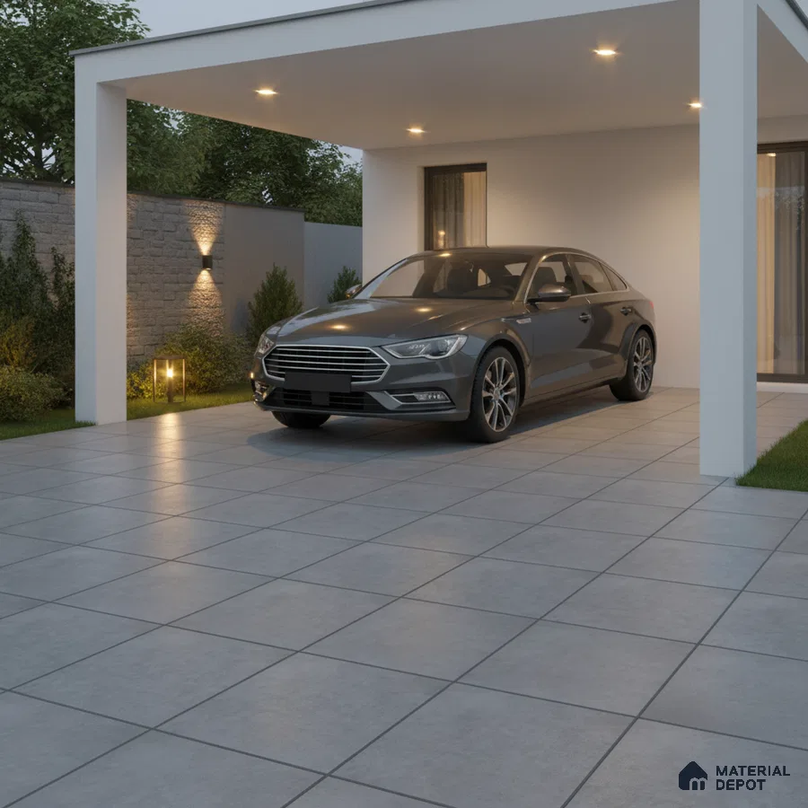 Modern parking with large format grey matte floor tiles and stone cladding boundary wall