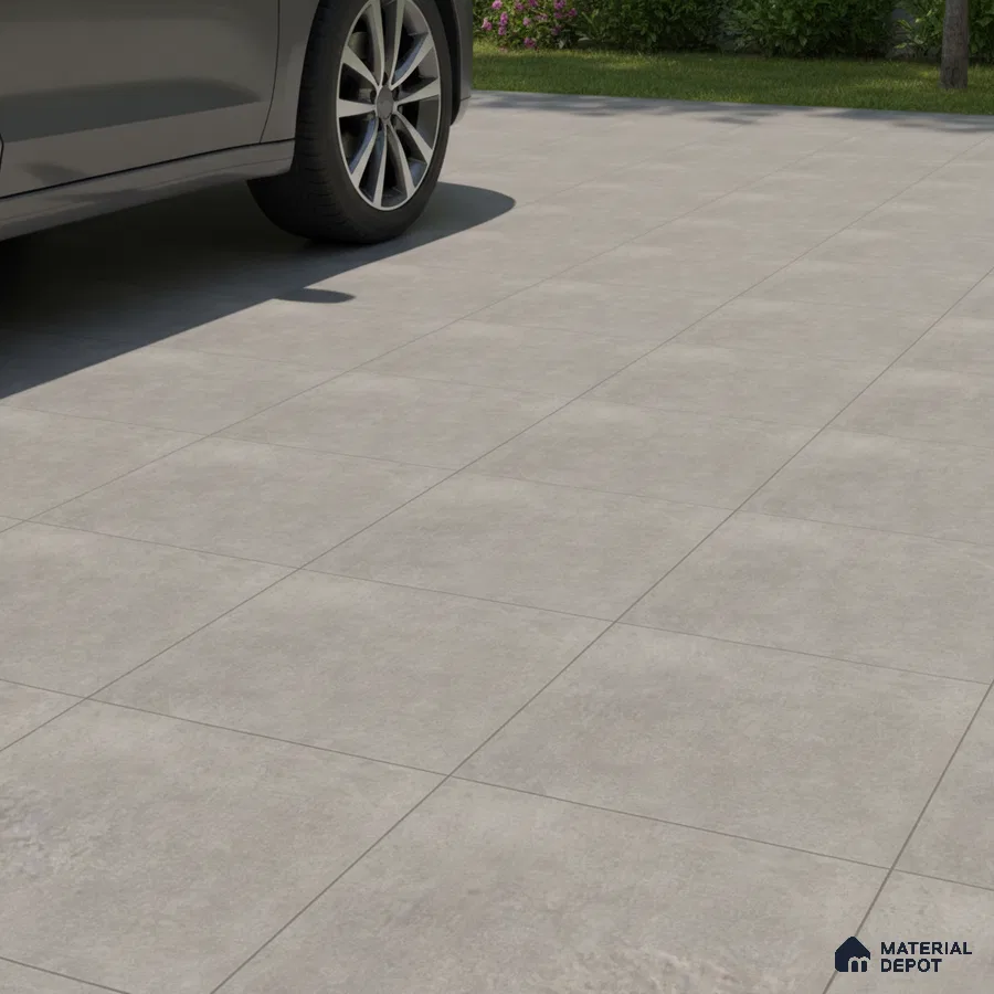 Modern parking area with light grey matte stone-look floor tiles