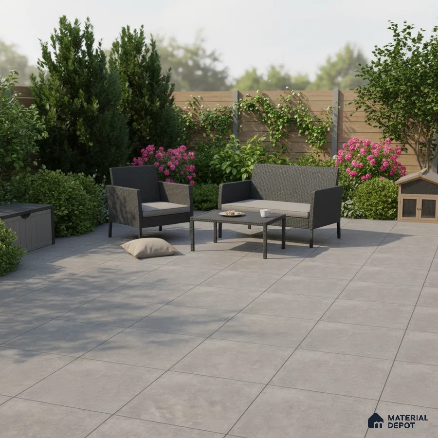 Modern outdoor patio with grey stone-look floor tiles and rattan furniture