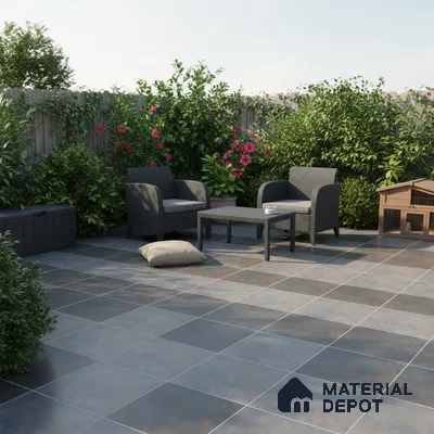 Modern outdoor patio with grey stone-look floor tiles and rattan furniture
