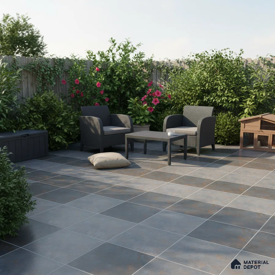 Modern outdoor patio with grey stone-look floor tiles and rattan furniture