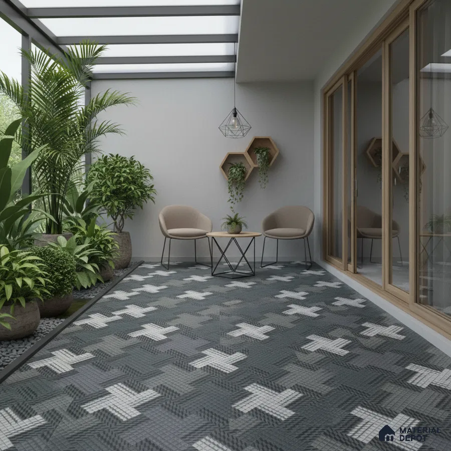 Modern balcony with geometric black and white mosaic floor tiles and glass roof