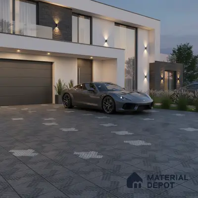 Modern parking with textured grey outdoor tiles and stone cladding accent walls