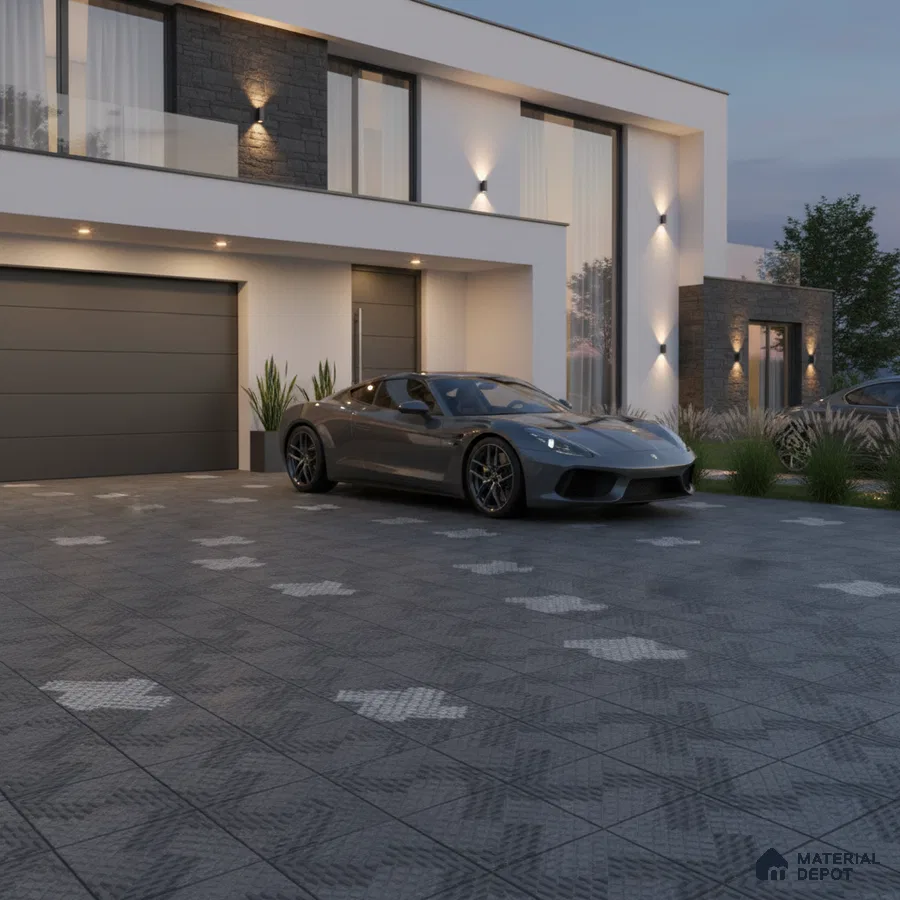 Modern parking with textured grey outdoor tiles and stone cladding accent walls