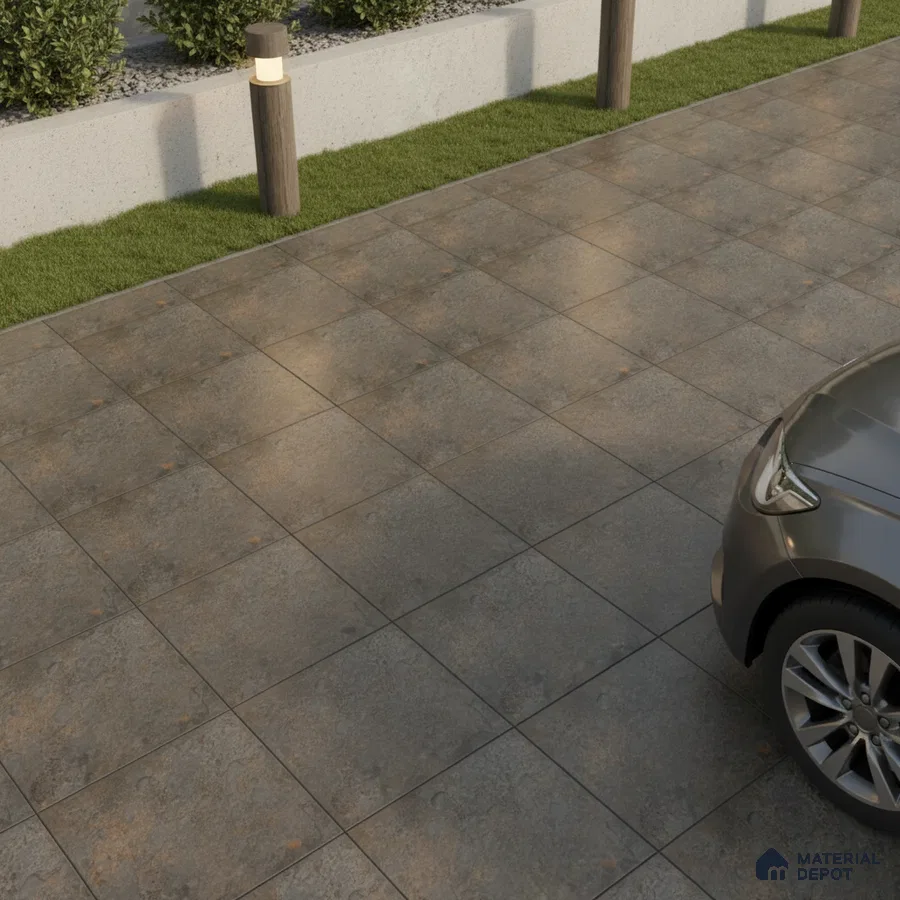Modern parking area with rustic stone-look anti-skid floor tiles