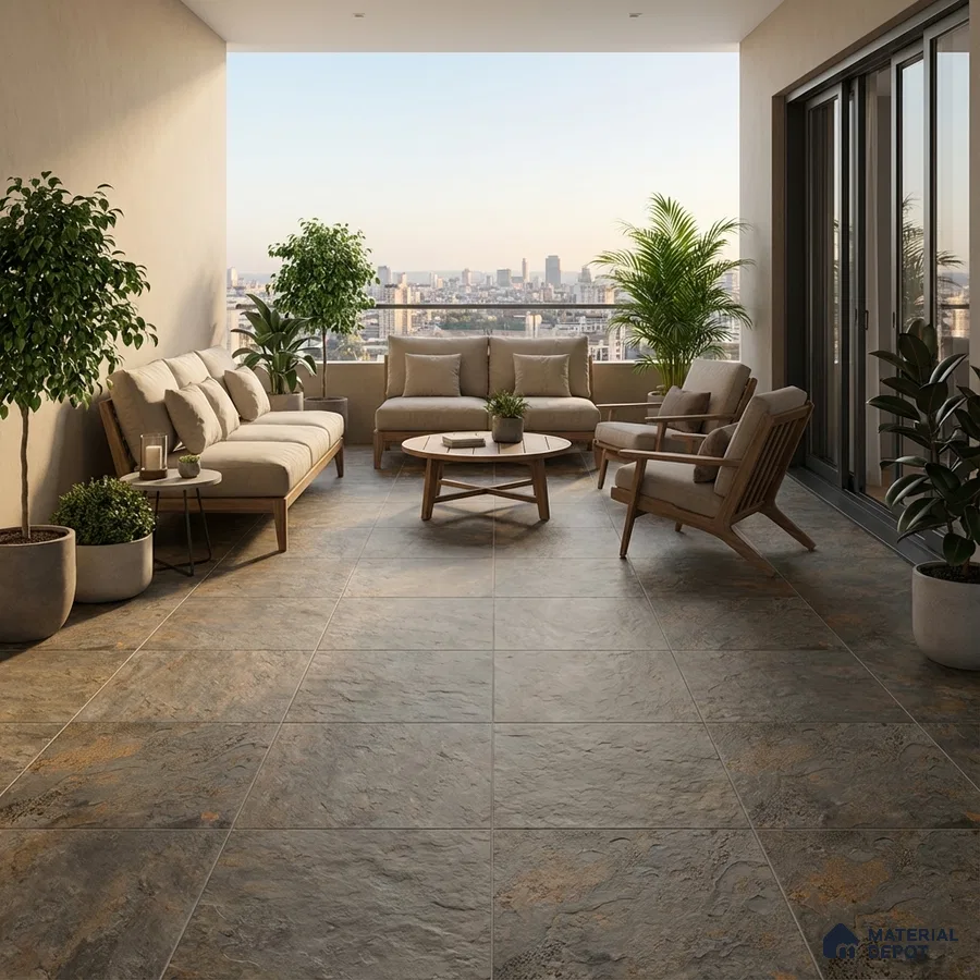 Scandinavian balcony with stone-look floor tiles and natural wood outdoor furniture