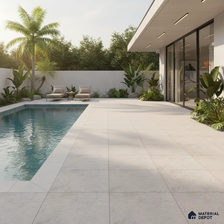 Modern outdoor pool area with large beige stone-look floor tiles and minimalist landscaping