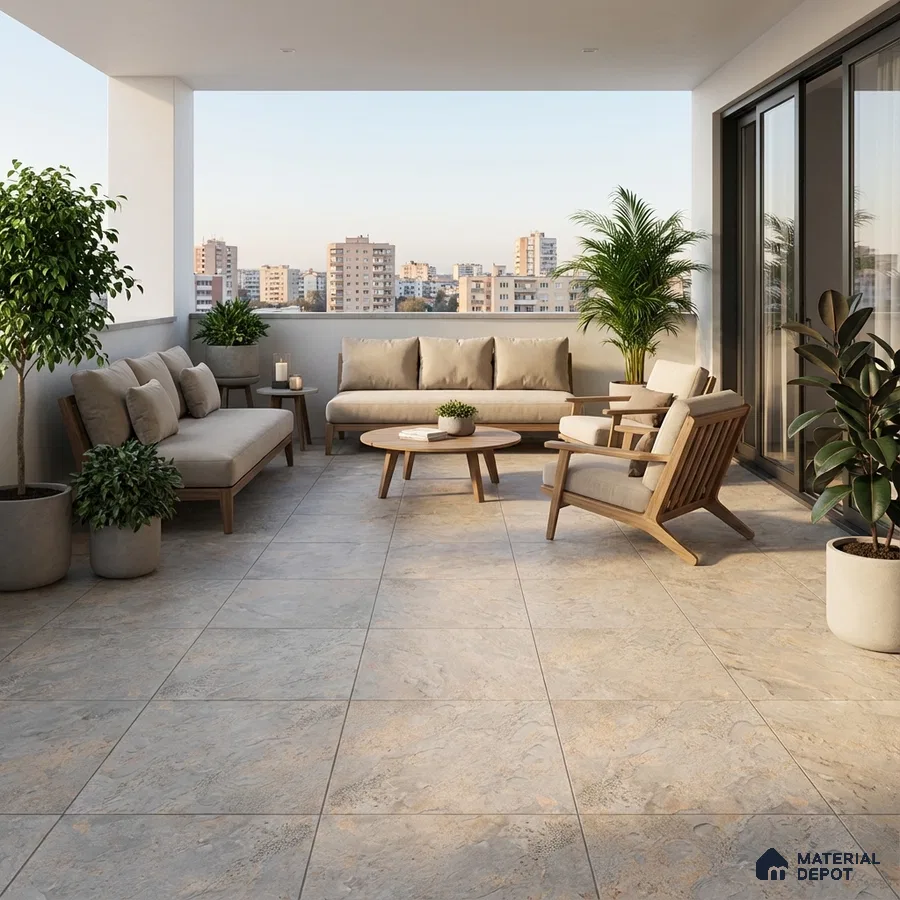 Scandinavian balcony with beige stone-look floor tiles and natural wood outdoor furniture