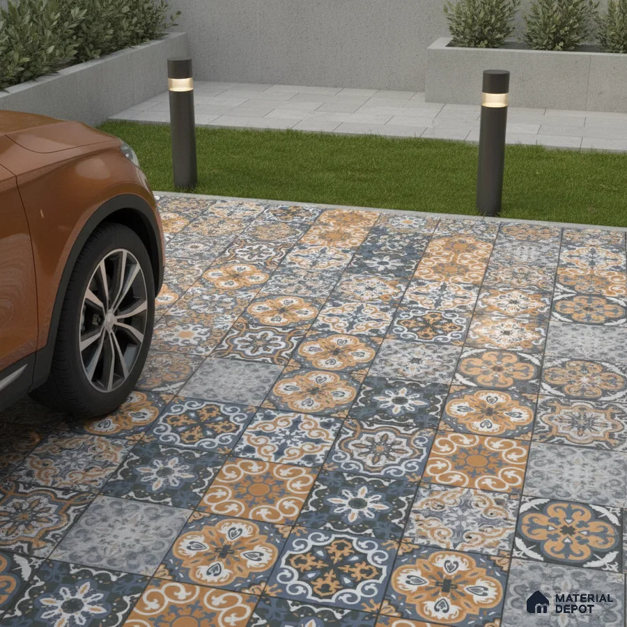 Mediterranean parking area with patterned terracotta and grey outdoor floor tiles