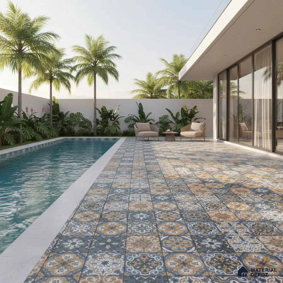 Mediterranean outdoor poolside with patterned moroccan floor tiles and tropical landscaping
