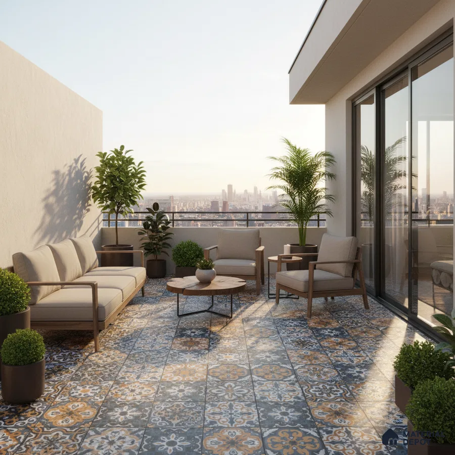 Mediterranean balcony with patterned moroccan floor tiles and wooden outdoor furniture