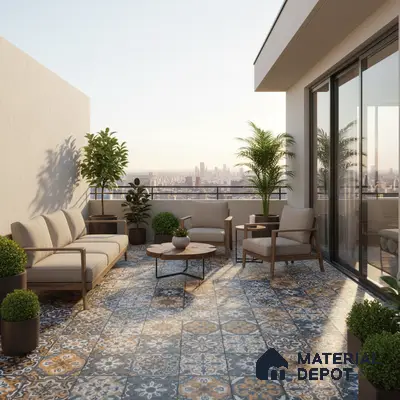 Mediterranean balcony with patterned moroccan floor tiles and wooden outdoor furniture