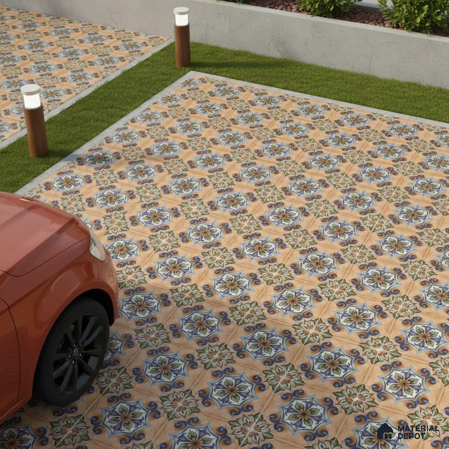 Mediterranean parking area with multicolor patterned floor tiles