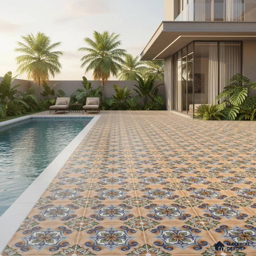 Mediterranean outdoor poolside with patterned terracotta and blue moroccan floor tiles