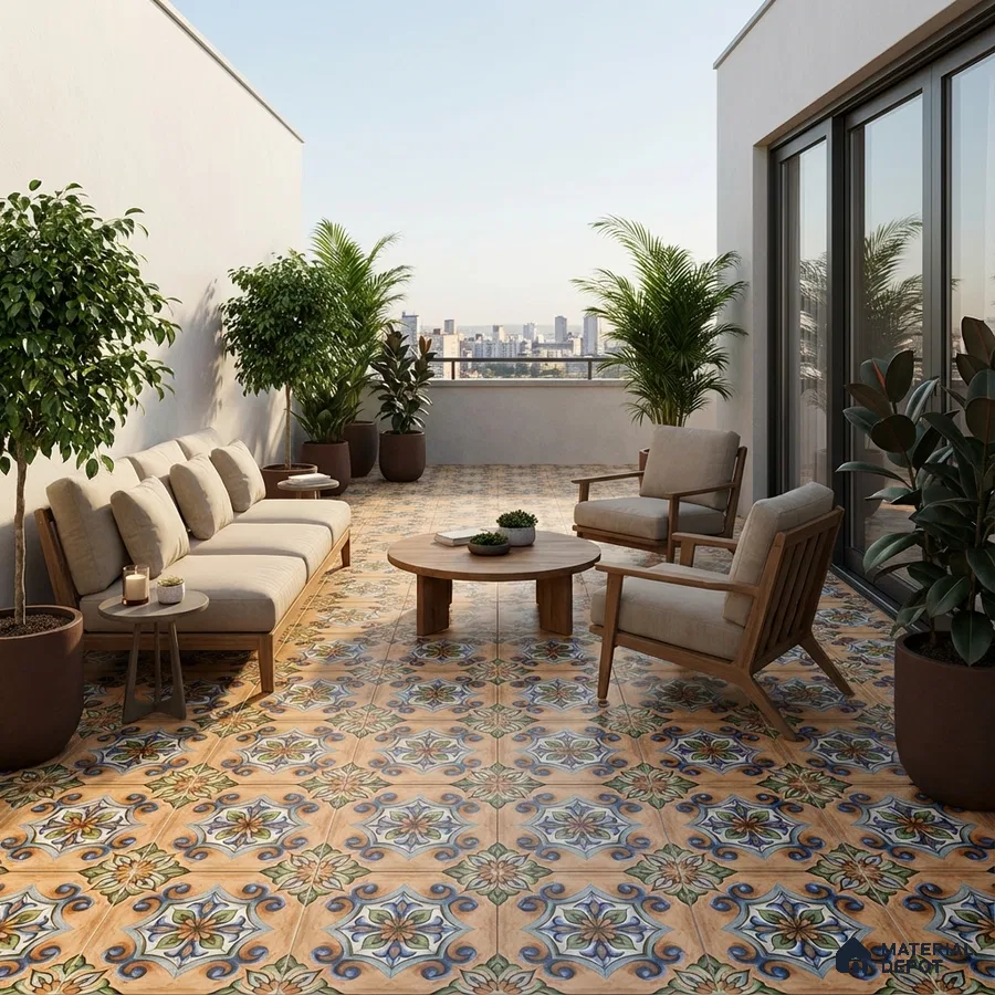 Mediterranean outdoor terrace with patterned encaustic floor tiles and natural wood furniture
