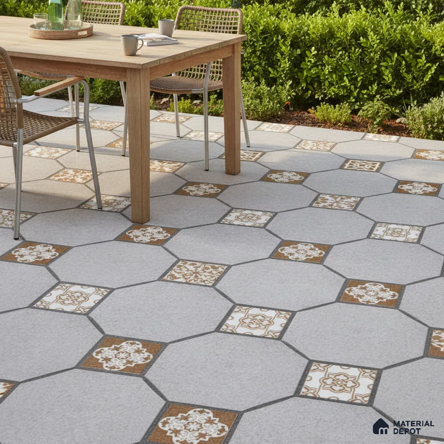 Mediterranean outdoor space with patterned octagonal floor tiles and wooden dining table