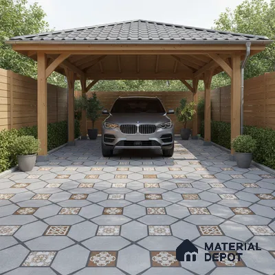 Modern parking with wooden pergola and patterned hexagonal floor tiles