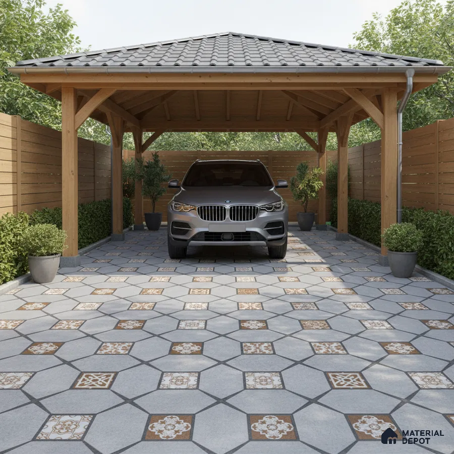 Modern parking with wooden pergola and patterned hexagonal floor tiles