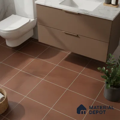 Modern bathroom with terracotta floor tiles and matte taupe vanity with white marble countertop