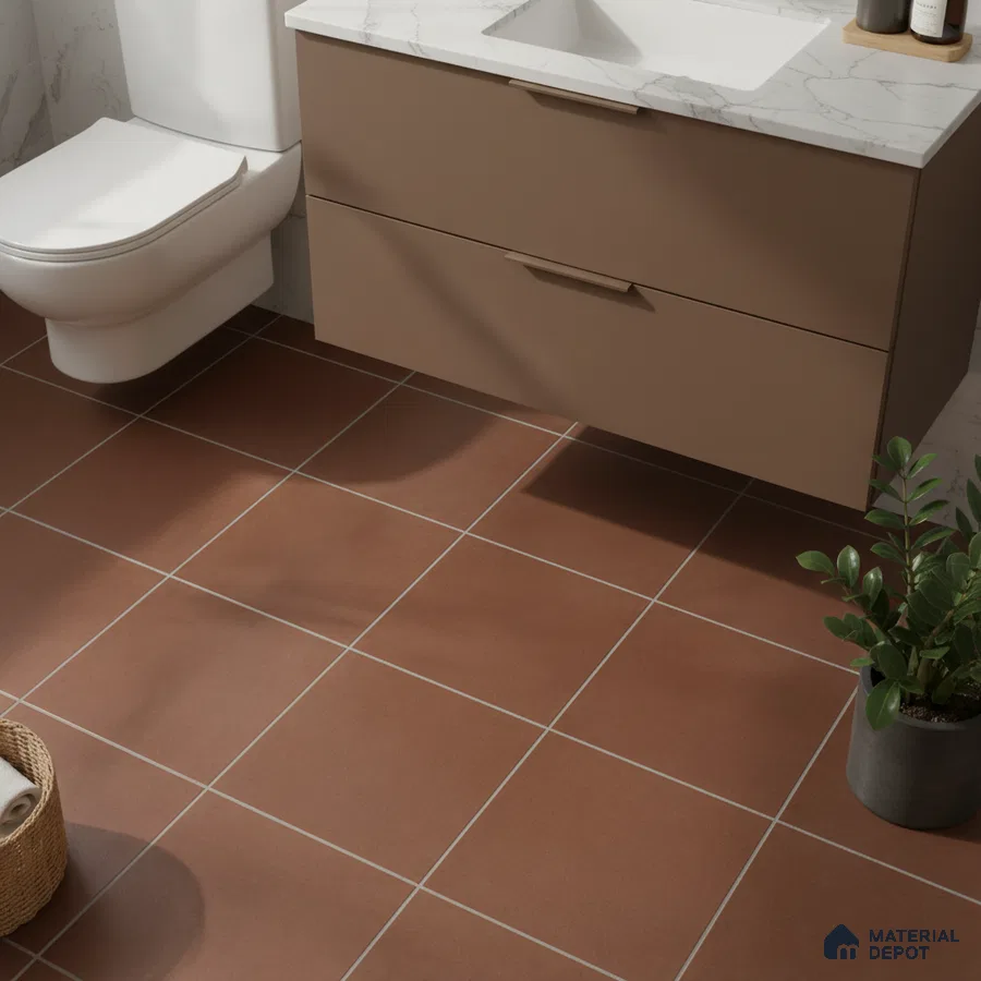 Modern bathroom with terracotta floor tiles and matte taupe vanity with white marble countertop