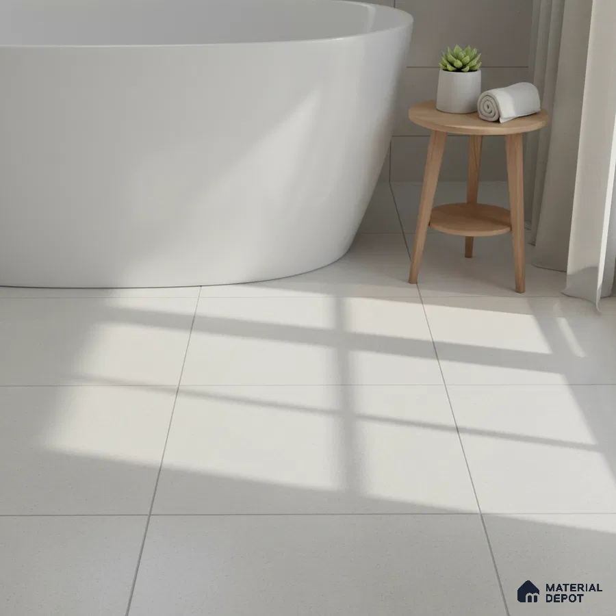 Minimalist bathroom with matte white floor tiles and freestanding tub