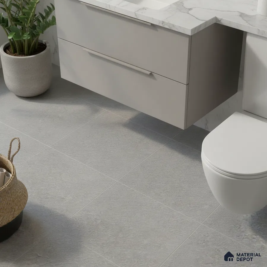 Modern bathroom with grey stone floor tiles and marble-look countertop vanity