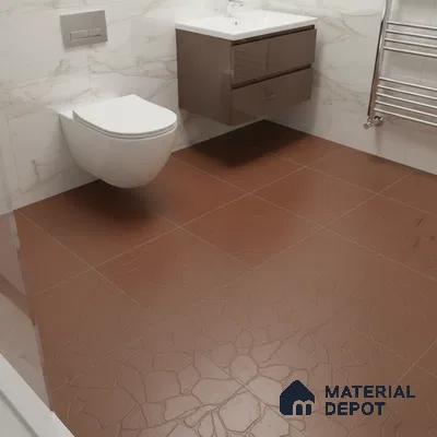 Modern bathroom with marble look wall tiles and terracotta textured floor tiles