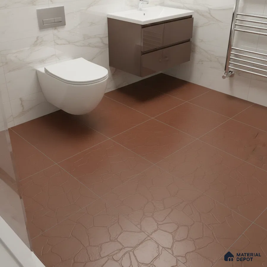 Modern bathroom with marble look wall tiles and terracotta textured floor tiles